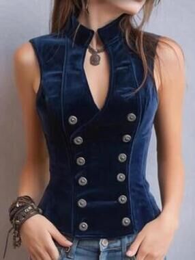 NEW Y2K Retro Vintage Velvet Blue Double Breasted Boho Button-Up Vest Top